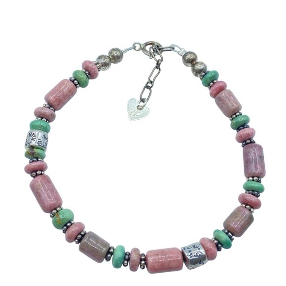 Sterling Silver Rhodonite Turquoise Beaded Bracelet Signed CD 7.25-8.25in Stampe - Picture 1 of 10